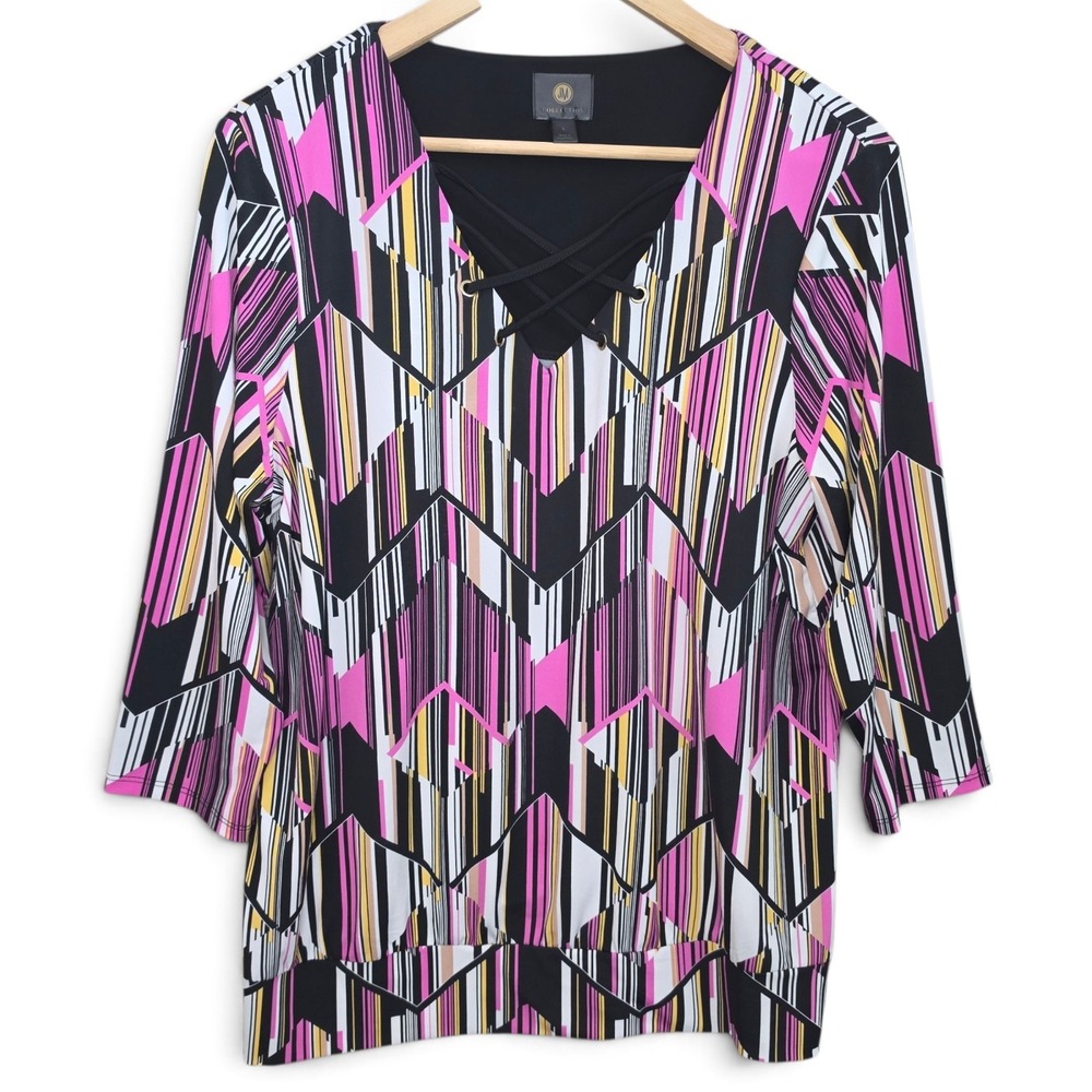JM Collection Womens Large Pink Chevron Geometric 3/4 Sleeve Crisscross Neck Top